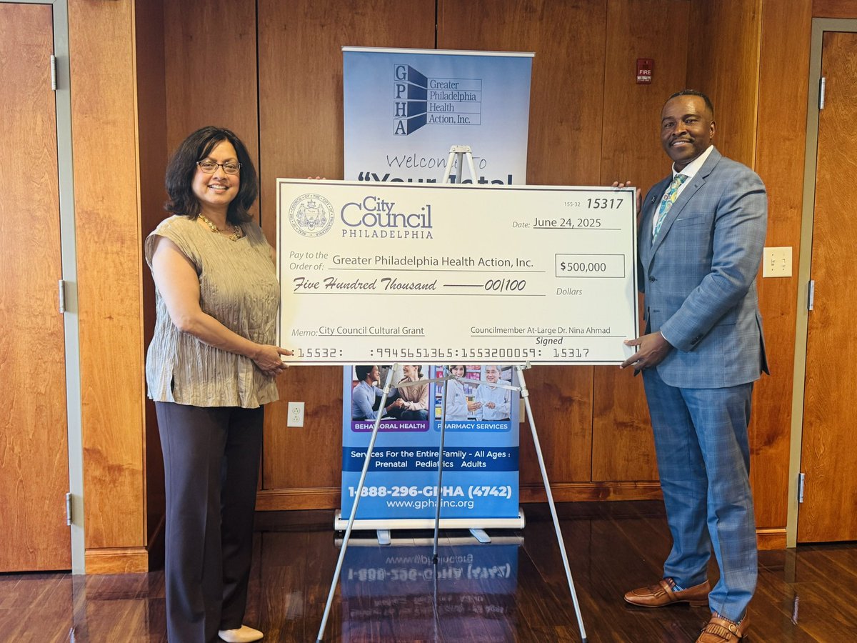 cmninaahmad's tweet image. Last month, I joined Brian Clark-CEO/Executive director of @gpha_inc at GPHA-Carl Moore Health Center to present a $500K check for the future of care in Nicetown-East Tioga. This funding supports a new site that will bring essential services to the community. #cmahmad