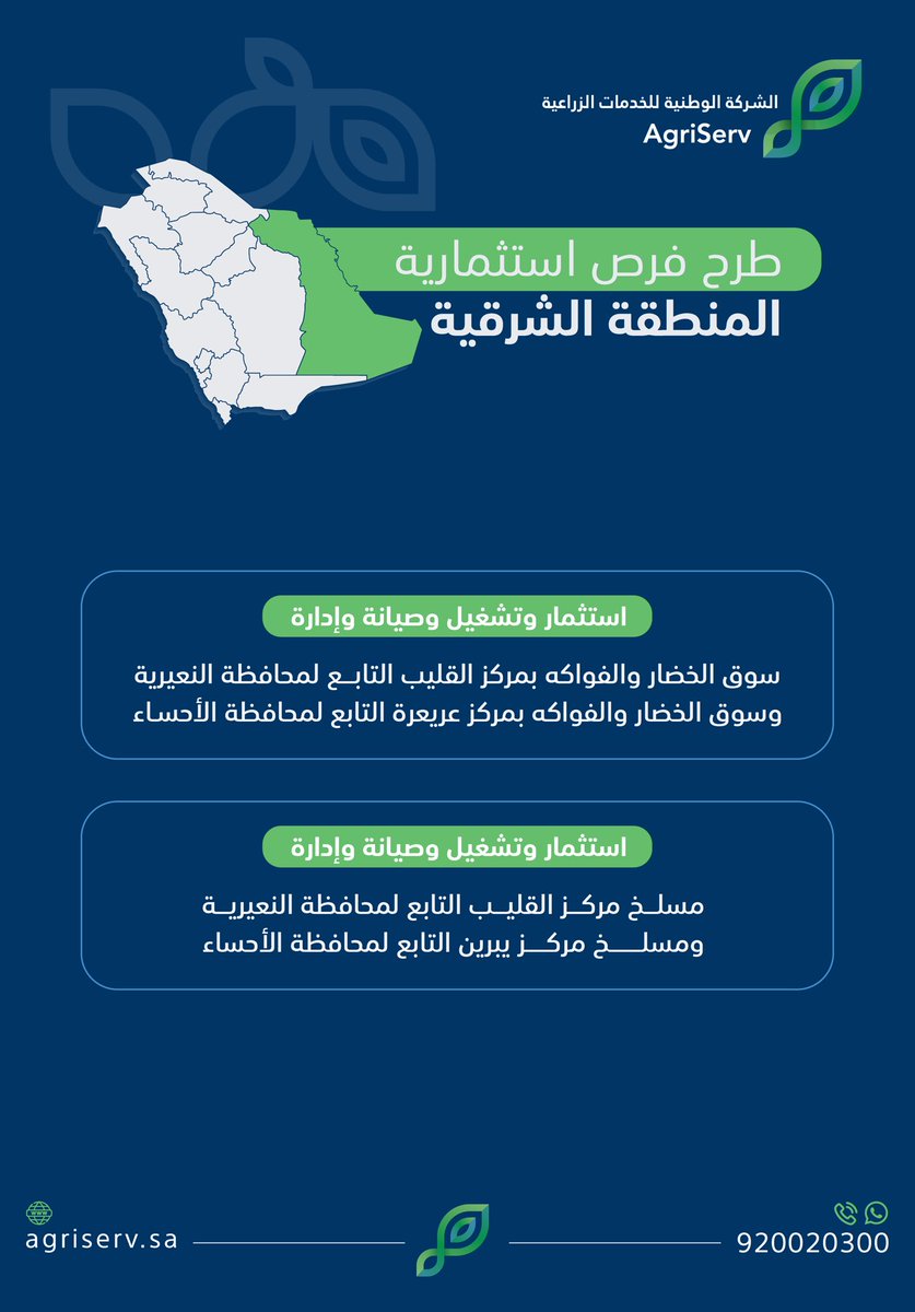 AgriServ_sa's tweet image. تعلن #الشركة_الوطنية_للخدمات_الزراعية عن طرح عدد من الفرص الاستثمارية في أسواق النفع العام والمسالخ على منصة فرص وعلى موقع الشركة من خلال الرابط: agriserv.sa/portal/investm…