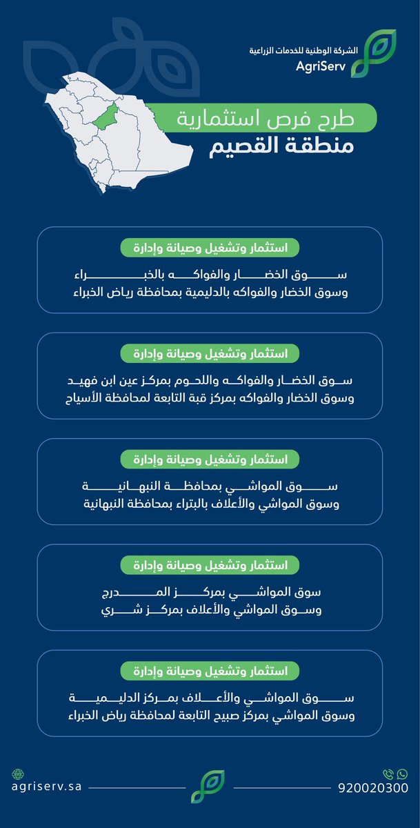 AgriServ_sa's tweet image. تعلن #الشركة_الوطنية_للخدمات_الزراعية عن طرح عدد من الفرص الاستثمارية في أسواق النفع العام والمسالخ على منصة فرص وعلى موقع الشركة من خلال الرابط: agriserv.sa/portal/investm…
