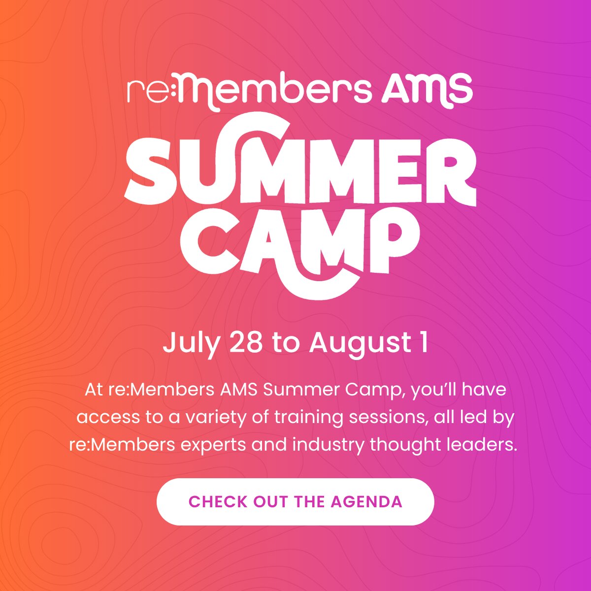⏳ AMS Summer Camp is almost here!
Exclusive to re:Members clients, this FREE week of virtual training starts July 28.
🔥 Learn automation, data strategies &amp; more!
Registration is still open: loom.ly/JKcJKIs
#reMembers #AMSSummerCamp