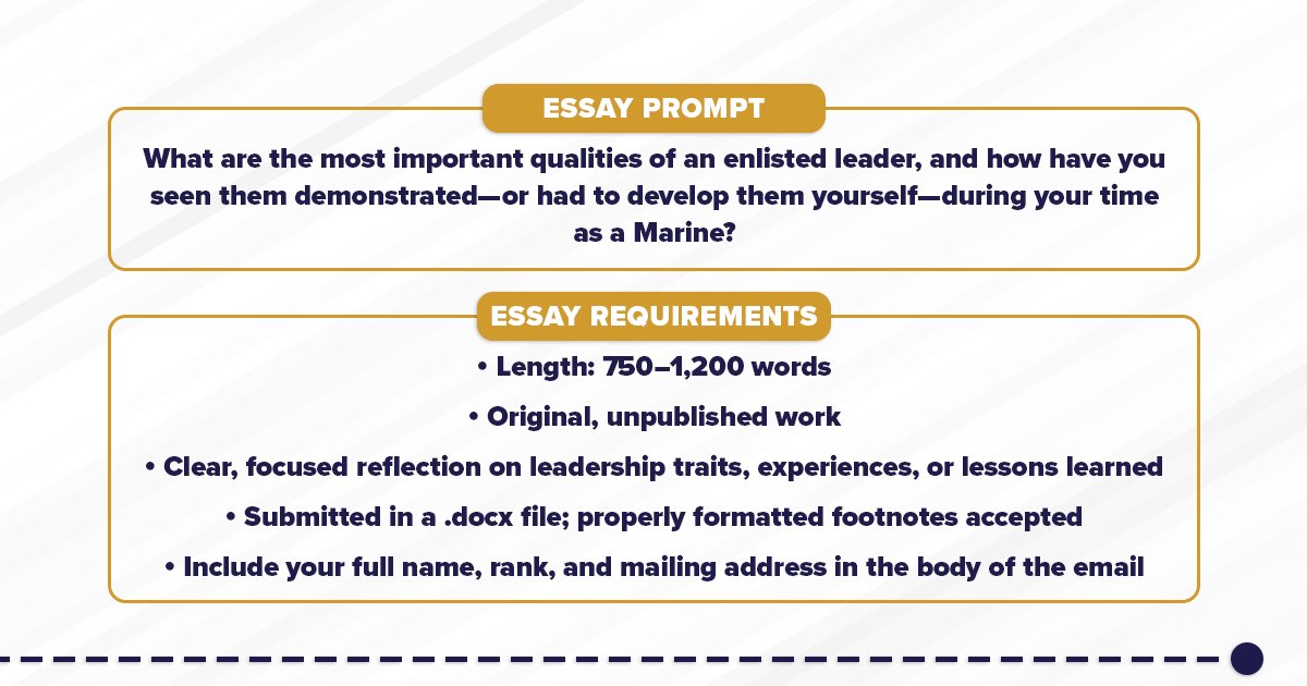 Now accepting entries: The Aspects of Leadership Essay Contest is open to all enlisted Marines.

Share your leadership experience and contribute to the conversation.

Click here to learn more mcufoundation.org/aspects-of-lea…