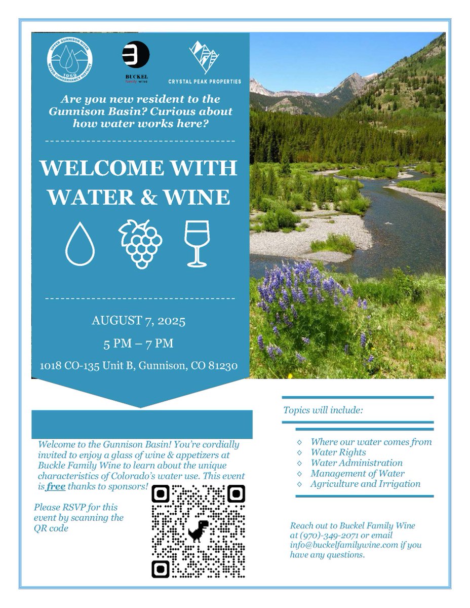 Upper Gunnison River (@ugrwcd) on Twitter photo You don't have to be new to the valley to join us and learn more about Colorado's water. You just need to RSVP! Limited to the first 40 guests. Come enjoy wine, charcuterie and expand your knowledge of our watershed.
RSVP HERE or use the QR code below: buckelfamilywinetastings.as.me/schedule/4da91… You don't have to be new to the valley to join us and learn more about Colorado's water. You just need to RSVP! Limited to the first 40 guests. Come enjoy wine, charcuterie and expand your knowledge of our watershed.
RSVP HERE or use the QR code below: buckelfamilywinetastings.as.me/schedule/4da91…
