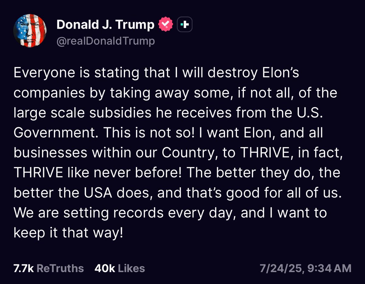 Thank you President Trump <a href="/realDonaldTrump/">Donald J. Trump</a> for supporting Elon’s businesses- no matter the differences 

This is true patriotic thinking and attitude.