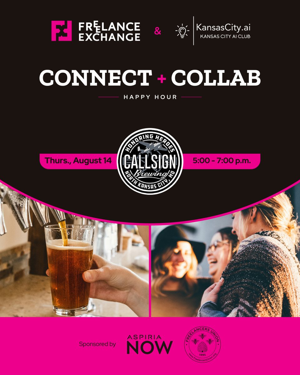 🎉 Join us for Happy Hour! We're teaming up with the AI Club of KC to bring you one great networking event.
 
🍺 Thursday, Aug. 14th
🍺 5 - 7 p.m.
🍺 Callsign Brewery
 
Members &amp; non welcome. FREE to attend. More info &amp; RSVP: bit.ly/4eWHT9o

#FXofKC #KCfreelancers #kcmo