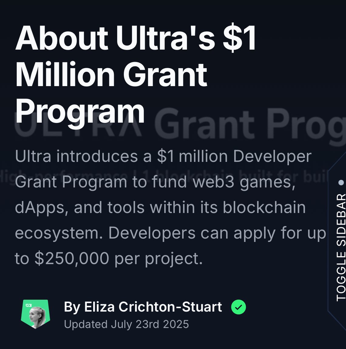Ultra's $1 Million Grant Program

Ultra has launched a new $1M Developer Grant Program to support builders in the web3 gaming space. The initiative offers funding of up to $250,000 per project for teams and individuals building within the Ultra ecosystem.

Here is the key info: