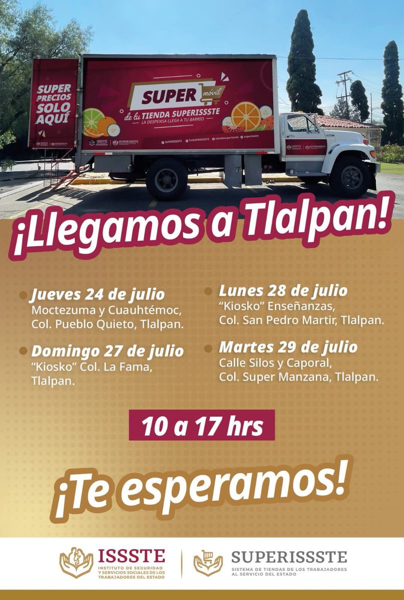 DuniaLudlow's tweet image. 📢 Vecinas y vecinos, ¡Llegó nuestro #SúperMóvil de @TUSUPERISSSTE a la @TlalpanAl! @Gabyosoriohdz
Te esperamos de 10 a 17 horas con productos de la canasta básica a precios accesibles, para seguir apoyando la economía de las familias mexicanas. ¡Ven y aprovecha! Porque en…