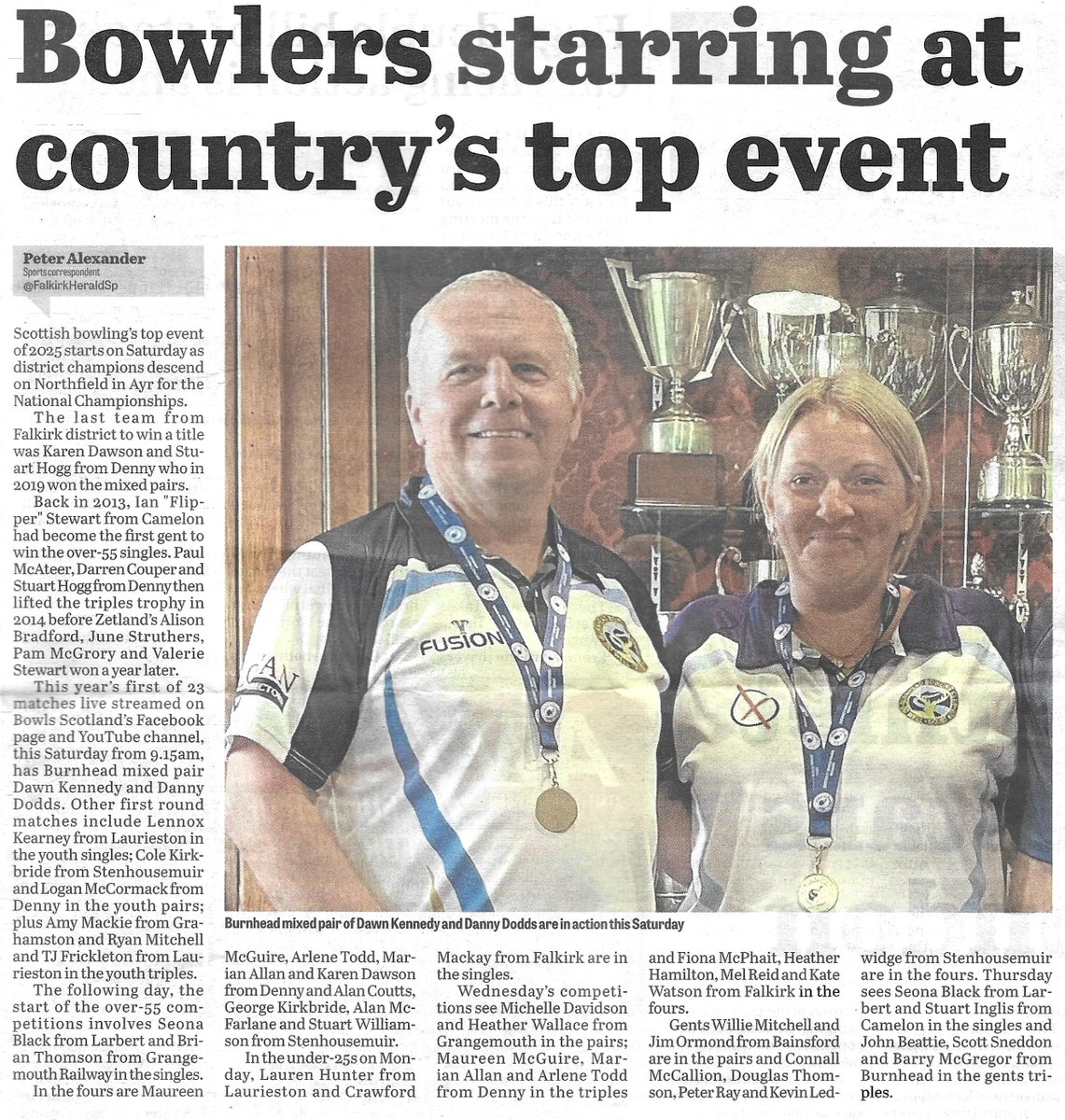 Thanks to the <a href="/falkirk_herald/">The Falkirk Herald</a> for publishing a preview of bowlers representing District 10 at the <a href="/BowlsScotland/">Bowls Scotland</a>  National Championships on page 72 of this week's edition.

Our featured mixed pair from Burnhead BC will be the first to be live streamed on Saturday morning.