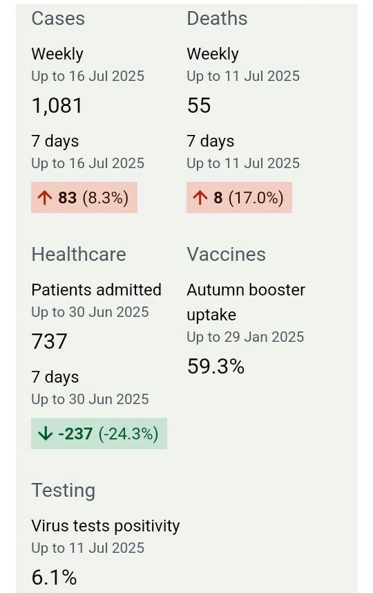 Covid in England 

(in memory of <a href="/tigresseleanor/">Tigress</a>)

24th July 2025 - 7 days data

New Cases     (⬆️+83)      1,081 
- w/e  16th July 2025 

New Deaths                           55 
- w/e  11th July 2025

Hospital Admissions     No new Data