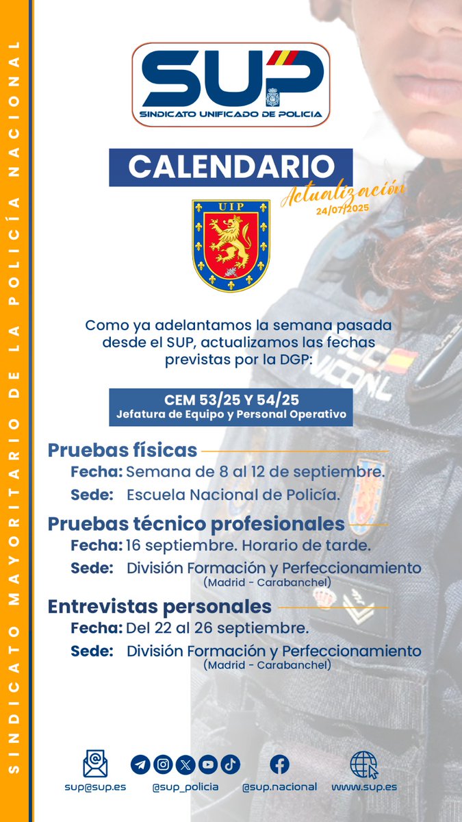 FuipSup's tweet image. 🗣️📢 Como ya anunciamos en nuestra circular el pasado 17 de julio, las fechas previstas para el inicio de las pruebas de acceso al curso de #UIP podían sufrir modificaciones.
✅Aquí tenéis las nuevas fechas.
#FuerzaHonorYProtección⚔️🦁🛡️🇪🇸