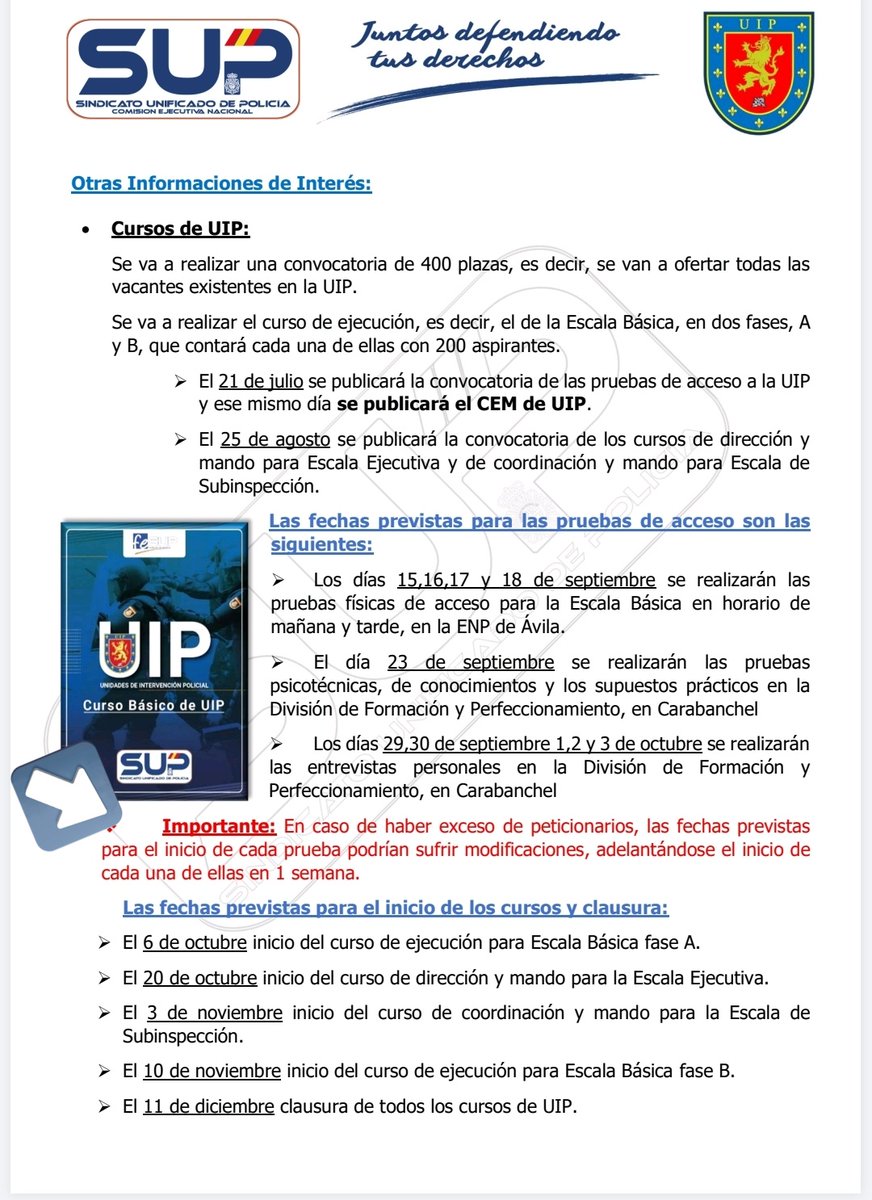 FuipSup's tweet image. 🗣️📢 Como ya anunciamos en nuestra circular el pasado 17 de julio, las fechas previstas para el inicio de las pruebas de acceso al curso de #UIP podían sufrir modificaciones.
✅Aquí tenéis las nuevas fechas.
#FuerzaHonorYProtección⚔️🦁🛡️🇪🇸
