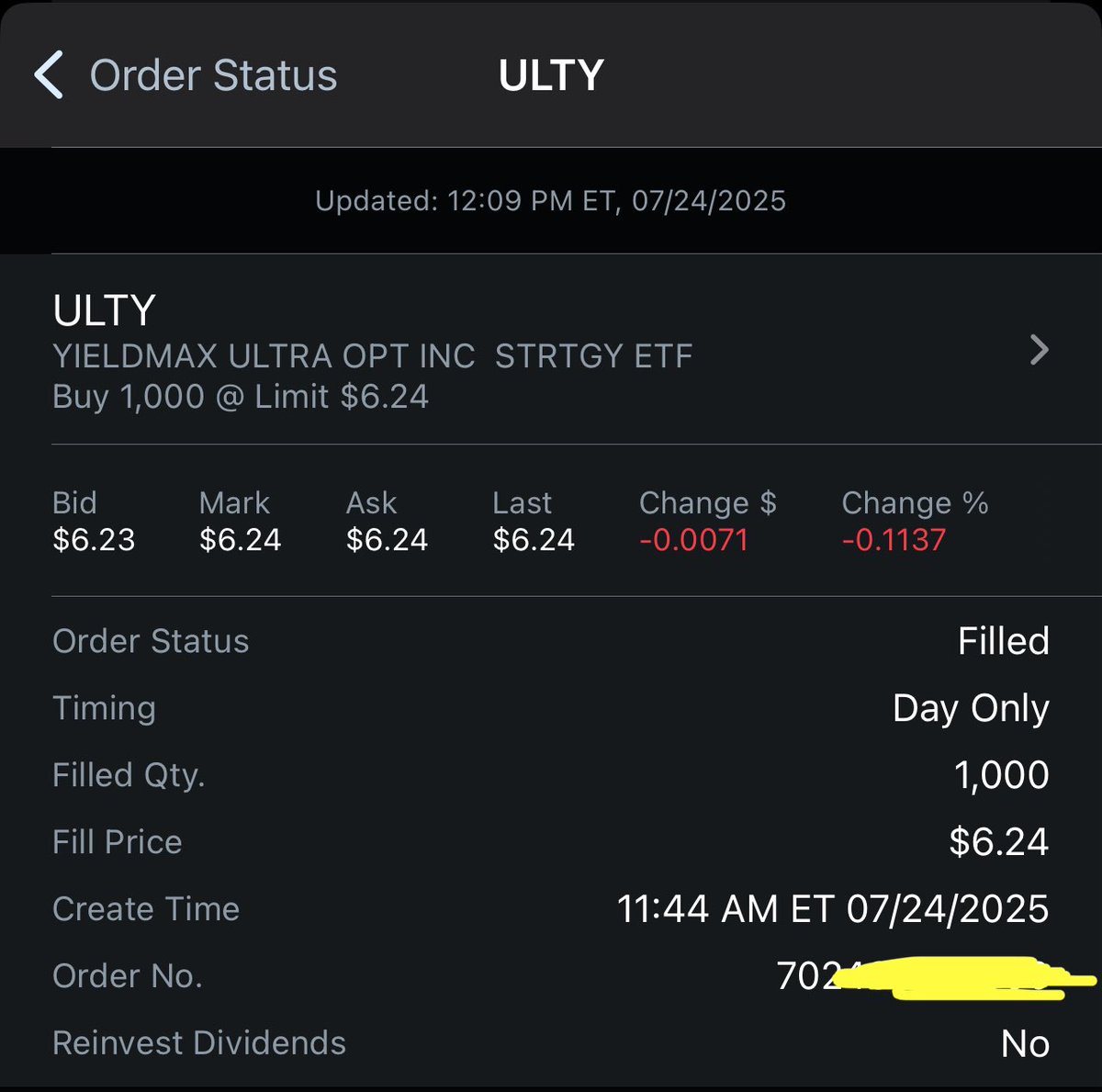 MrShithousery's tweet image. ULTY
Buy-limit order filled.
1,000 shares @ $6.24.
Comment:
This ETF employs a covered-call strategy on 15-30 high IV companies, paying a weekly dividend. Risk is mitigated due to this multi-company approach, and therefore dividend size is more consistent.
Capital…