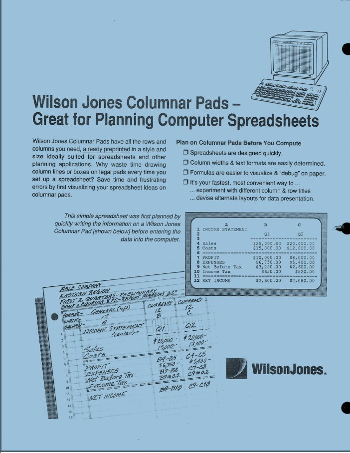 BuzzLightSabre's tweet image. This is the inside cover of a columnar pad that I use for scratch paper. Columnar pads were a staple of accounting in the 80s. Then came spreadsheets.
WJ tried to stay relevant with this idea which seems a little desperate and almost poignant.
