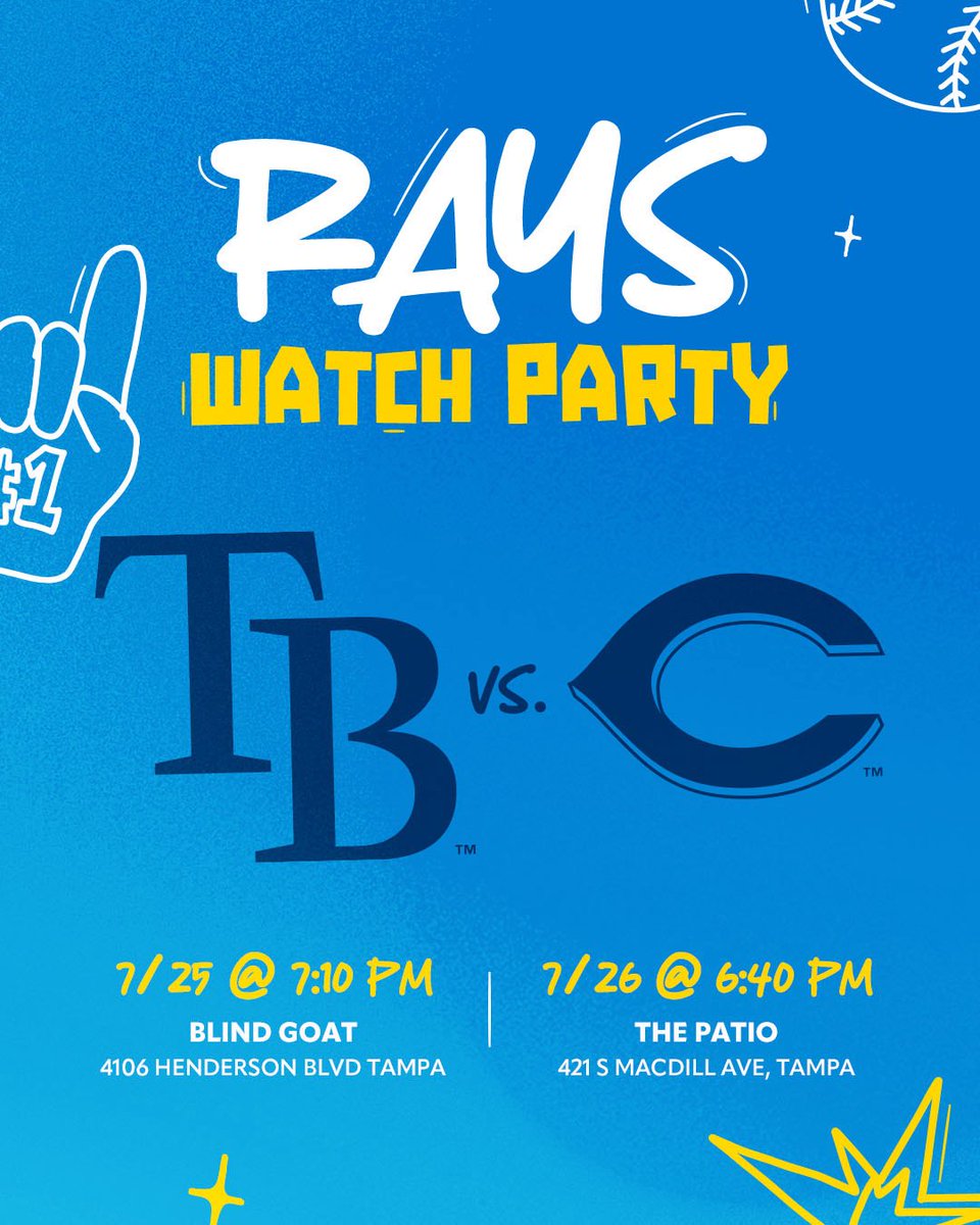 Tampa Bay Rays (@raysbaseball) on Twitter photo We’re hitting the road, but you don’t have to leave town to see the action!
Catch a game with our <a href="/RaysRadio/">Rays Radio</a> team Tampa-side on Saturday at <a href="/BlindGoatTampa/">The Blind Goat</a> and Sunday at
@ThePatioTampa.
Full info: raysbaseball.com/watchparty We’re hitting the road, but you don’t have to leave town to see the action!
Catch a game with our <a href="/RaysRadio/">Rays Radio</a> team Tampa-side on Saturday at <a href="/BlindGoatTampa/">The Blind Goat</a> and Sunday at
@ThePatioTampa.
Full info: raysbaseball.com/watchparty