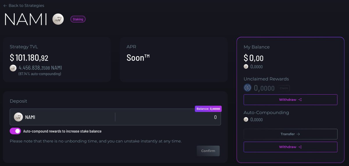 $NAMI Staking is officially live!

Stake your $NAMI tokens and earn a share of the revenue from ALL NAMI products. Choose how you earn:

- Get rewarded directly in USDC
- Auto-compound rewards back into $NAMI

No unstaking period. Immediate flexibility.

👇🏼 More Details
