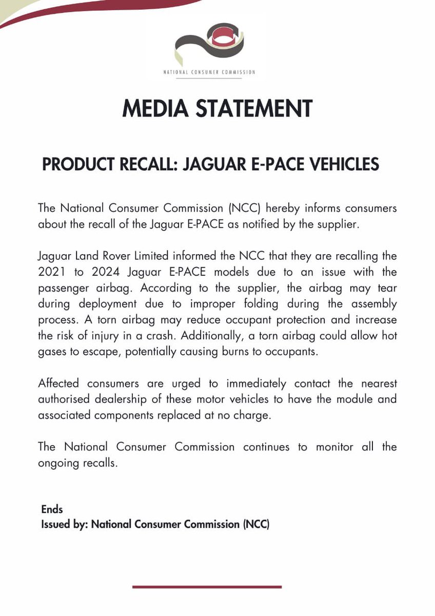 TheNCC_RSA's tweet image. Product Safety Recall: Heads up, Jaguar E-PACE recalled. Your safety comes first.
@PhethoN
@the_dtic