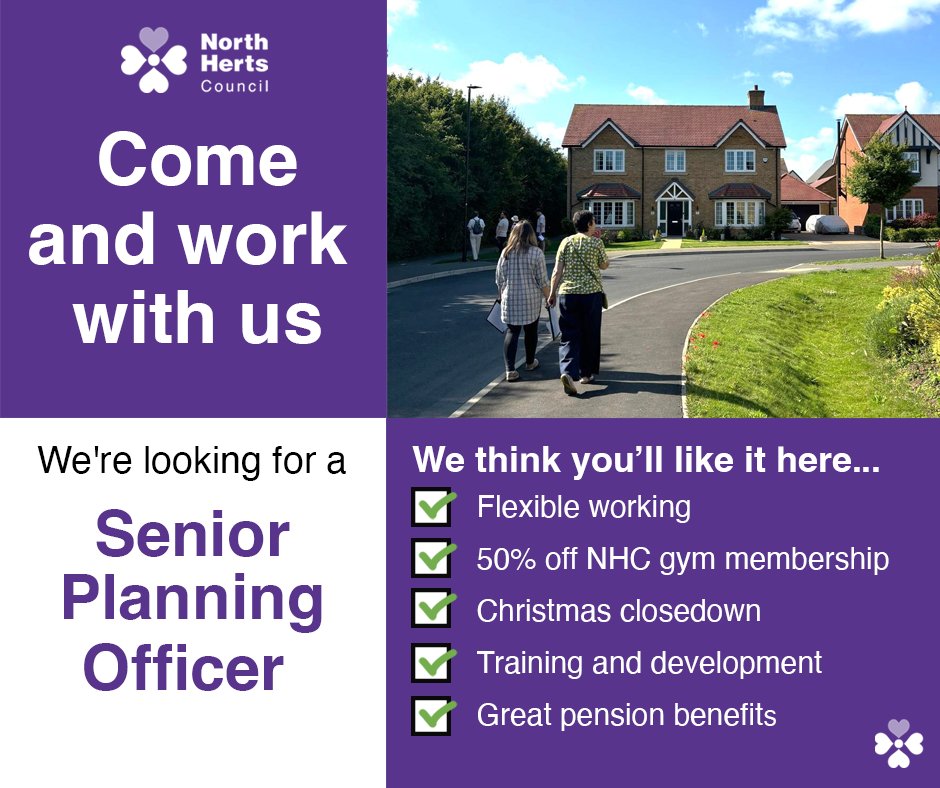 We are looking for an experienced, senior planning policy officer to play a key role bringing forward the review and update of our Local Plan.

Interested? Find out more and apply: north-herts.gov.uk/senior-plannin…

Closing date: 30 July