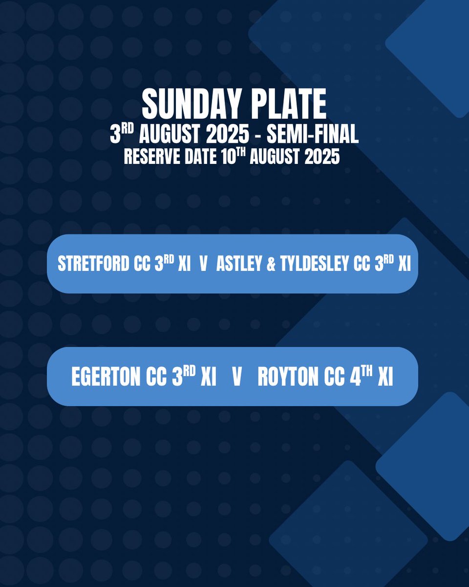 Confirmed Semi-Final Draws

🏏 Sunday Plate
📅 Sunday 3rd August 2025
🗓️ Reserve Date: 10th August 2025