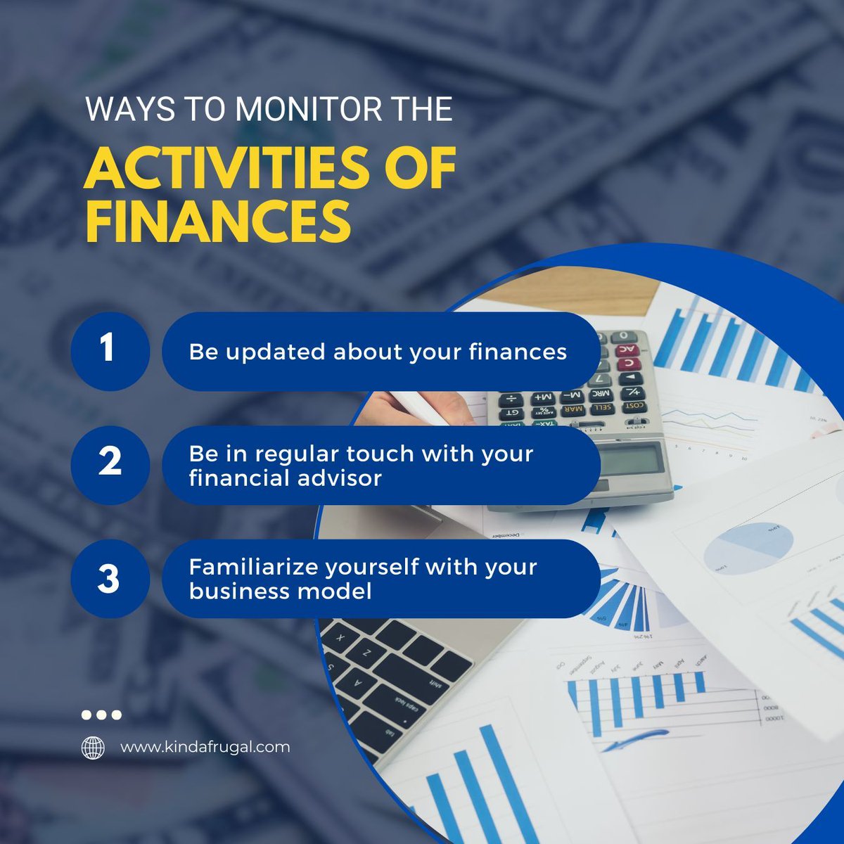 kindafrugal's tweet image. Keep an eye on your finances! 👀 1) Stay updated. 2) Connect with your advisor. 3) Know your business model. #FinancialMonitoring #MoneyManagement kindafrugal.com