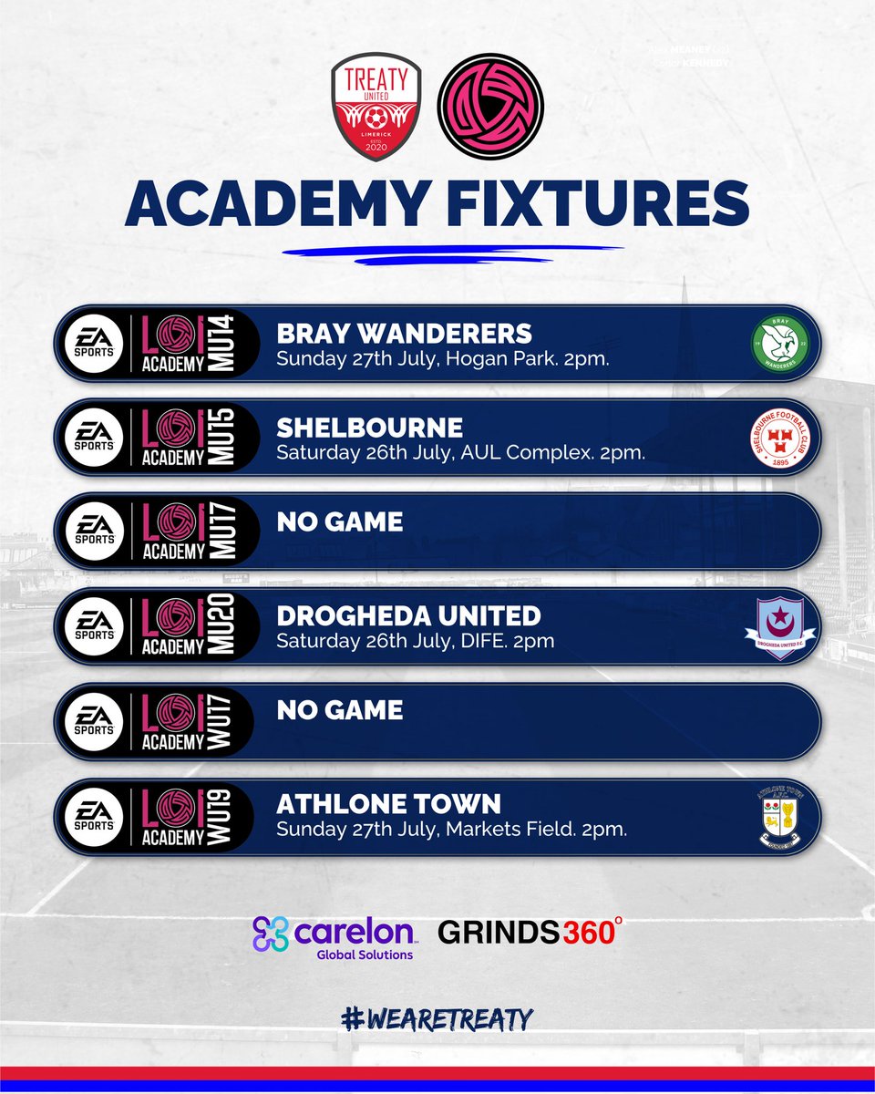 𝗧𝗿𝗲𝗮𝘁𝘆 𝗨𝗻𝗶𝘁𝗲𝗱 𝗖𝗮𝗿𝗲𝗹𝗼𝗻 𝗔𝗰𝗮𝗱𝗲𝗺𝘆 𝗙𝗶𝘅𝘁𝘂𝗿𝗲𝘀

Our MU14s are in Last 16 action at Hogan Park, while our WU19s host Athlone Town at the Markets Field in their semi-final 🏆

Our MU15s &amp; MU20s will hit the road for their quarter-finals ⚽

#WeAreTreaty