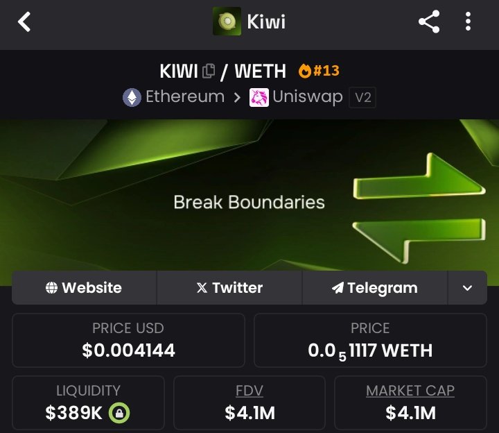 cryptoraiyan's tweet image. $KIWI is just 16 hours old, but already making waves.
Built on Ethereum, with a future plan for KIWI Swap, this one’s catching early attention.
$4.1M market cap, backed by a strong community and sharp investors. 👀
Might be one of those gems we talk about later.