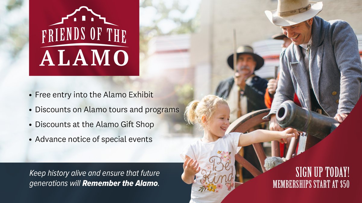 You don't want to miss out on the perks of being a Friends of the Alamo member! 🤩

⭐ Access to members-only events and member presales for events at the Alamo
⭐️ Free entry into the Alamo Exhibit
⭐️ Discounts at the Alamo Gift Shop and more!

Join today: bit.ly/3v8ShW0