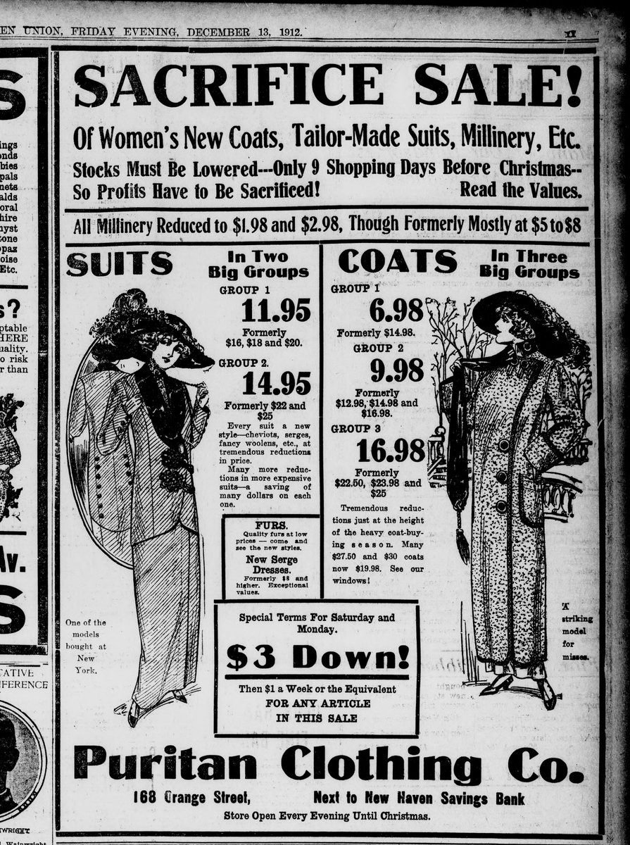 invitinghistory's tweet image. Sacrifice Sale! From The New Haven union., December 13, 1912.