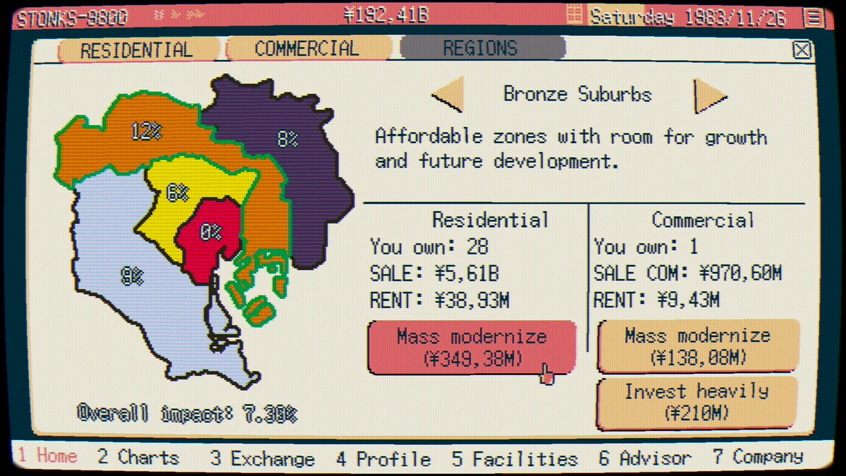Taimumari's tweet image. I&apos;m working on the next update right now - it’ll add property condition and new events related to it, but also a bunch of quality-of-life stuff like sorting and bulk upgrades for commercial real estate by district.