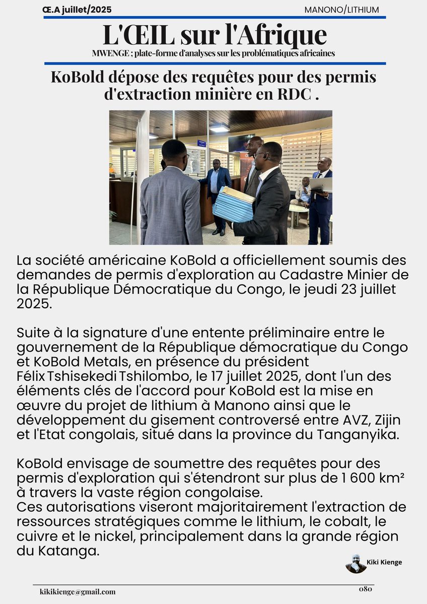 KiengeKki's tweet image. #Mines_RDC_Lithium🇨🇩
@KoBold_Metals dépose des requêtes pour des permis d'extraction minière en RDC
Par Kiki #Kienge
La société américaine #KoBold a officiellement soumis des demandes de permis d'exploration au Cadastre Minier de la République Démocratique du Congo, le jeudi…