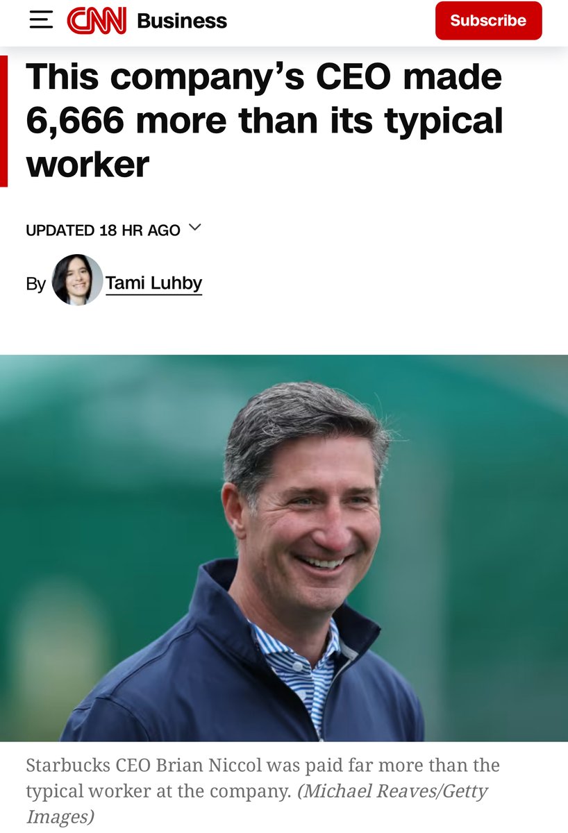 Starbucks CEO Brian Niccol made 6,666 times more than the typical Starbucks worker.

All while baristas are not able to pay their rent and bills, or get the hours they need to qualify for healthcare.

This company can afford fair union contracts. No more excuses, Brian!