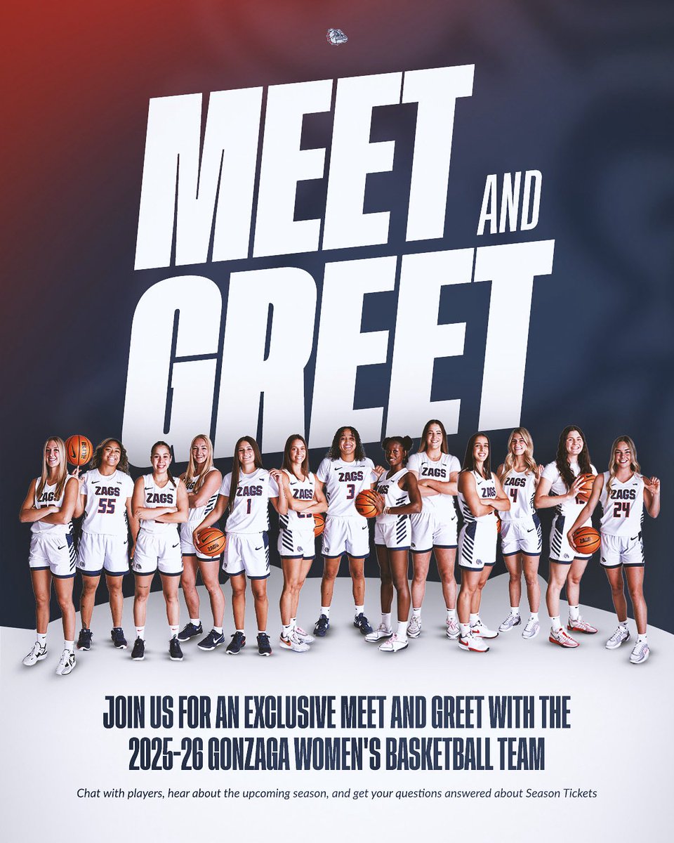 Meet the Zags 🤝🏀

Join us in the McCarthey Athletic Center for a free event on Wednesday, July 30th at 1:30pm to meet the 2025-26 team and learn more about season tickets! 

RSVP here: admin.gozags.com/sb_output.aspx…