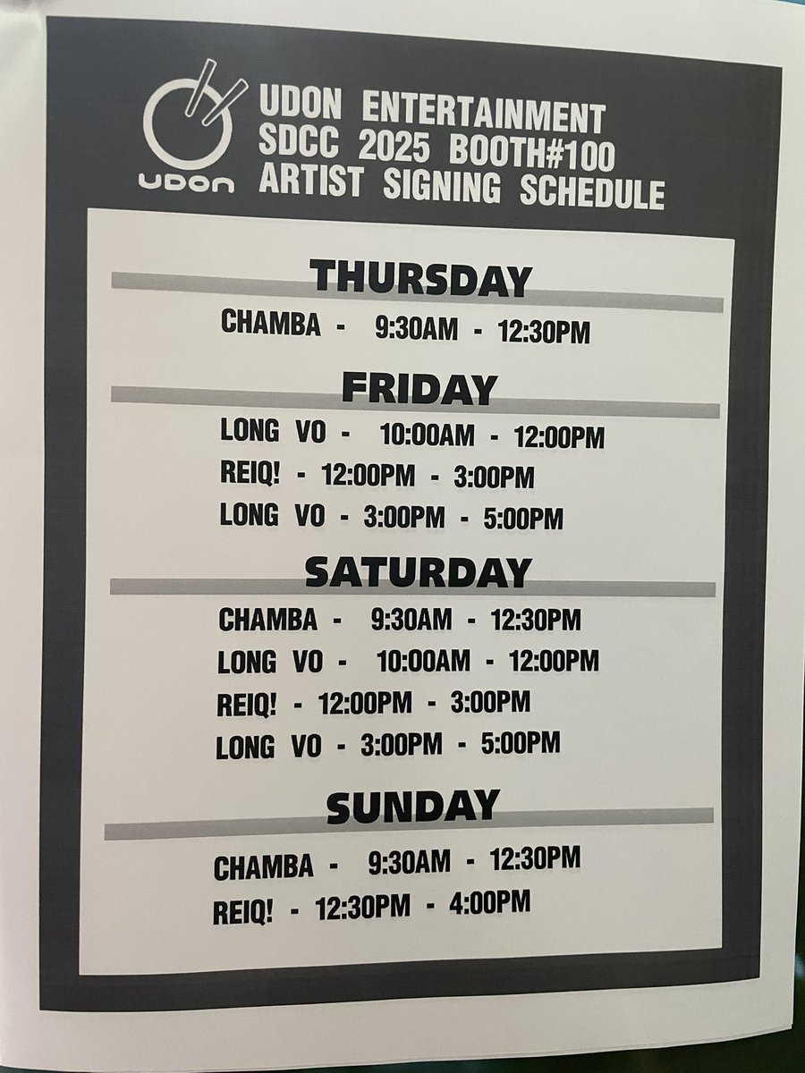 ⭐️BIG NEWS!⭐️UDON artists will be in the booth all weekend long! Make a plan to stop by &amp; say hi! ⭐️ 

#SDCC25 
<a href="/theCHAMBA/">CHAMBA</a> 
<a href="/vostalgic/">Long Vo</a> 
<a href="/reiq/">𝗥𝗘𝗜𝗤 Reinaldo Quintero</a>