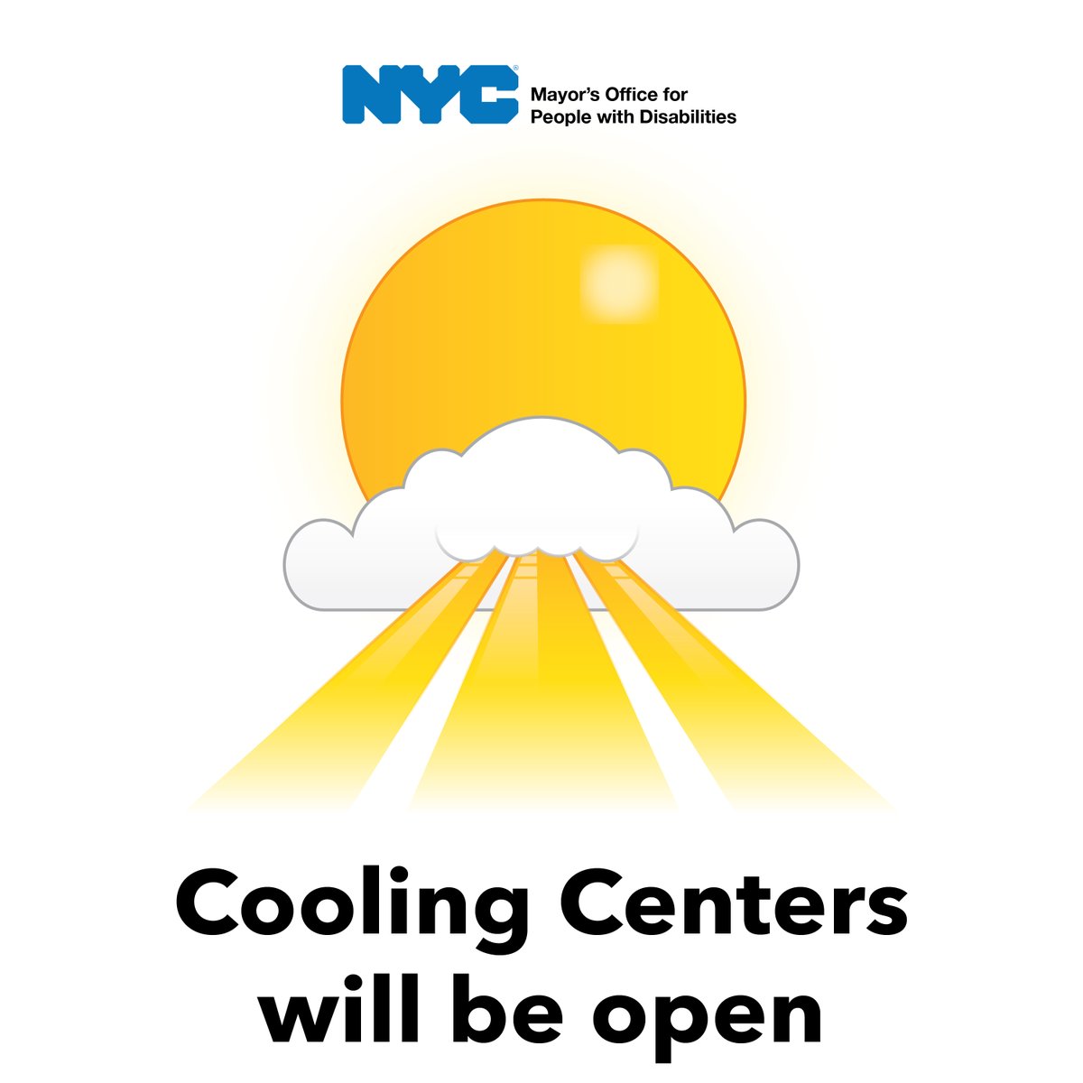 NYCDisabilities's tweet image. NYC cooling centers will be open 7/25 due to high temps with a heat index between 100-105. People with disabilities, older adults, people with health risks, and those without A/C should plan ahead. Find a center: on.nyc.gov/coolingcenter or call 311.