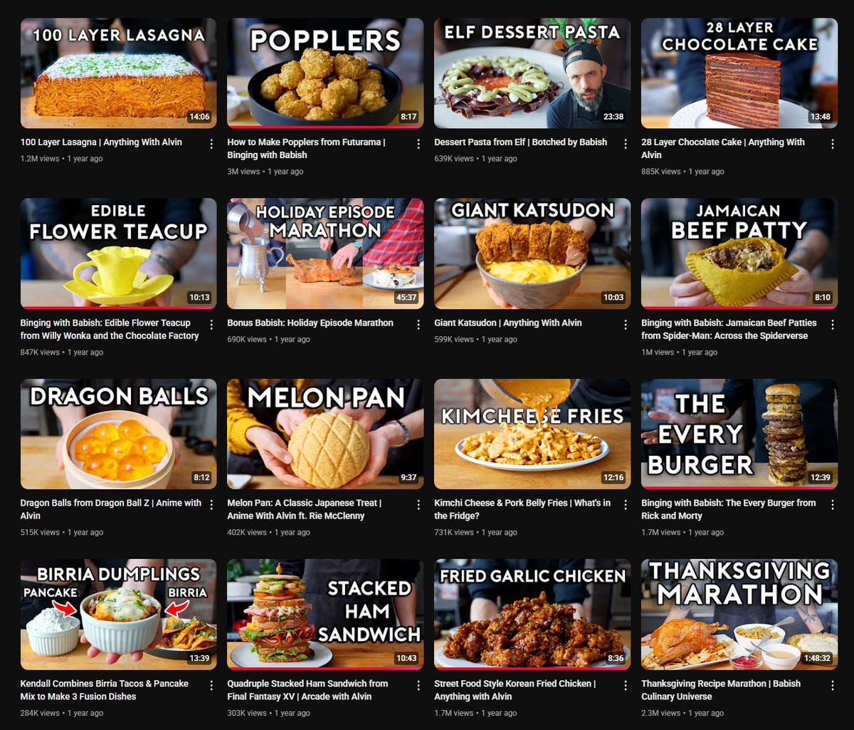 reillyjude's tweet image. finally had to unsub from binging with babish because it's no longer a cooking channel, it's your typical content slop, clickbait thumbnail, eating channel.
just look at 1 year ago vs today, what a wild swing.