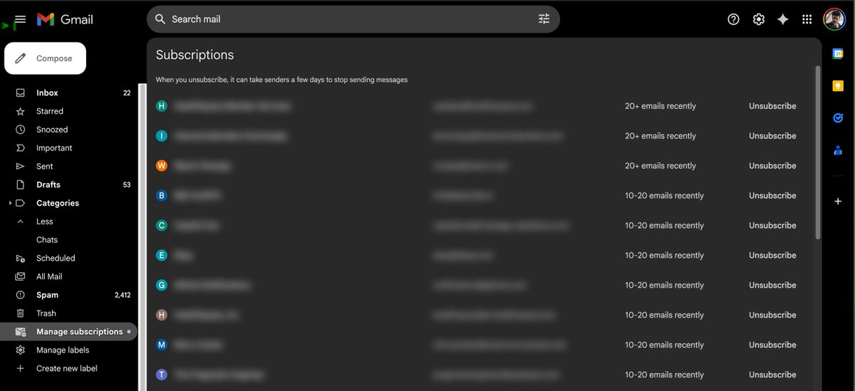 jatinkrmalik's tweet image. Checkout Gmail sidebar ➡️ "Manage subscriptions"
Thank me later!✌️
