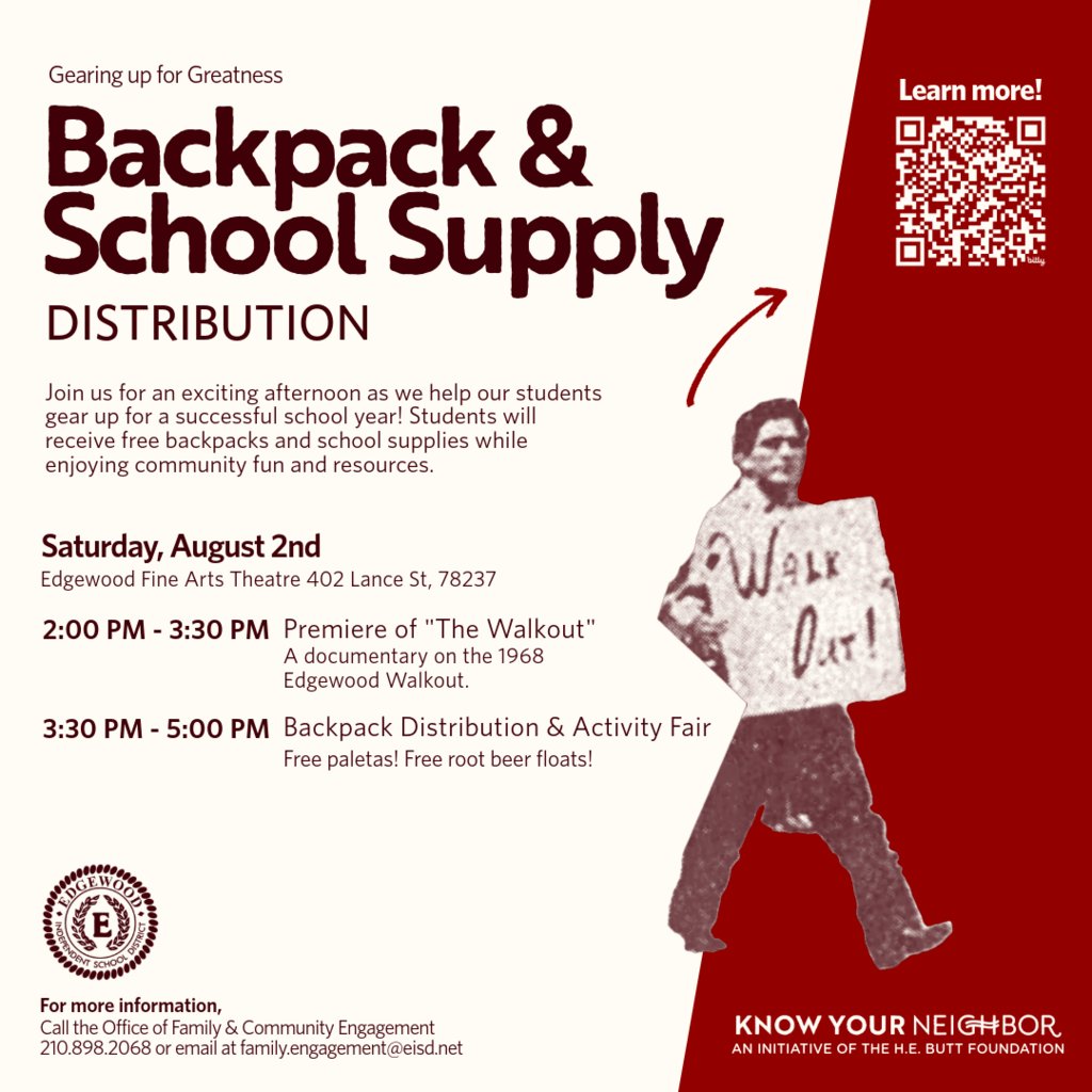 🎬 Join EISD on Aug 2 at Edgewood Fine Arts Theatre!
2PM: Watch The Walkout — a powerful doc on the 1968 Edgewood Walkout
🎒 3:30PM: Free backpacks, school supplies &amp; family fun!
📍 402 Lance St, SA
#EdgewoodISD #BackToSchool #CommunityStrong