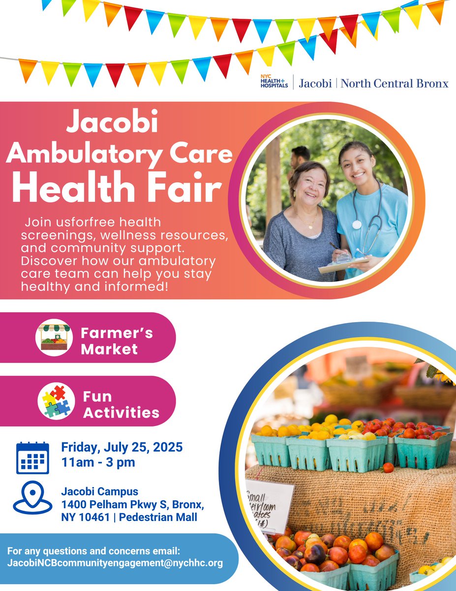 JacobiHosp's tweet image. 🎉 Join us tomorrow from 10AM–3PM for the Ambulatory Care Health Fair at Jacobi’s Pedestrian Walk! Free screenings, wellness resources & giveaways! 💙 #JacobiCares #BronxHealth #HealthFair