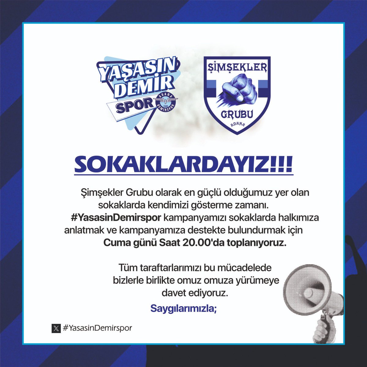 Halkin_Takimi's tweet image. SOKAKLARDAYIZ !

Yer: ESKİ STADYUM
Tarih: 25.07.2025 Cuma 
Saat: 20.00

Şimşekler Grubu olarak #YasasinDemirspor kampanyamızı halka tanıtmak ve destekte bulundurmak için sokağa iniyoruz.
Eski stadyumda buluşup oradan belirlediğimiz rota doğrultusunda hareket edeceğiz.