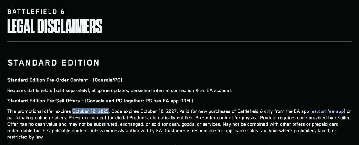 GhostGamingG's tweet image. According to these promotional offers, it does indeed look rather certain that Battlefield 6 will release on October 10th, so not long to wait at all!
Let's just hope it's ready😅