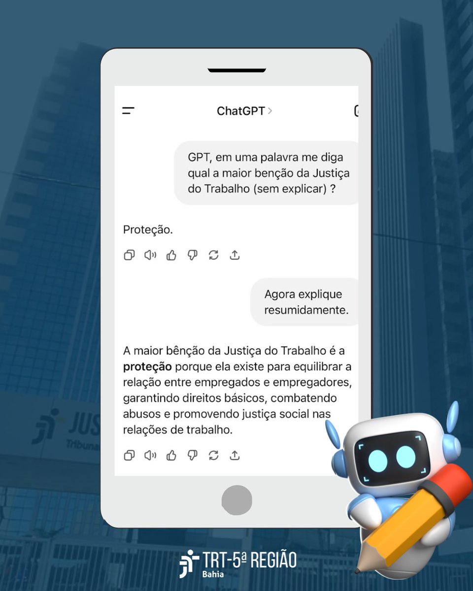 TRT5Bahia's tweet photo. Entramos na trend! 😉
Perguntamos pro ChatGPT: qual é a bênção da Justiça do Trabalho?
E aí, você concorda com essa resposta ou acrescentaria algo? Conta pra gente nos comentários! 👇👀
#trend #chatgpt #benção #trtba #trt5 https://t.co/FQHq13EqJ3