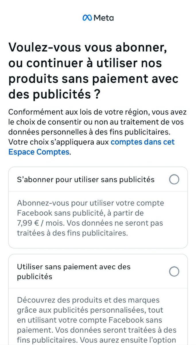 META -Facebook, Instagram- te propose entre la pilule bleue🔵 et la pilule rouge🔴  🤡🍿

👉 Soit tu paies 8€ par mois pour éviter que tes données personnelles soient surexploitées 
👉 Soit t'es pauvre et donc tu offres gracieusement toutes tes données-avec ton consentement- à