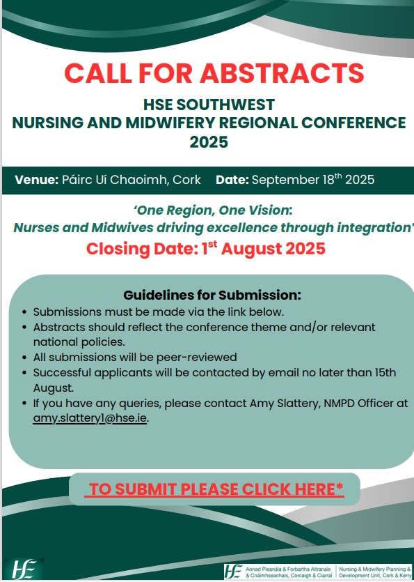 NMPDU South West (@nmpducorkkerry) on Twitter photo 📢Call for Abstracts closes on August 1st🗓️ Don't forget to complete your submission for the opportunity to showcase your service developments at HSE SW Regional Nursing and Midwifery Conference 2025 <a href="/BridAOSullivan/">Bridie O'Sullivan</a> <a href="/ConnaireSinead/">Sinead Connaire</a> Submit using the link 👉surveys.hse.ie/s/NXMX6E/ 📢Call for Abstracts closes on August 1st🗓️ Don't forget to complete your submission for the opportunity to showcase your service developments at HSE SW Regional Nursing and Midwifery Conference 2025 <a href="/BridAOSullivan/">Bridie O'Sullivan</a> <a href="/ConnaireSinead/">Sinead Connaire</a> Submit using the link 👉surveys.hse.ie/s/NXMX6E/
