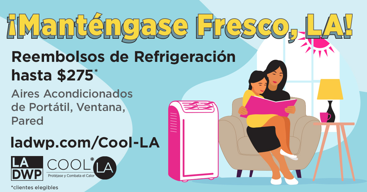 LADWP's tweet image. Manténgase fresco este verano con reembolsos instantáneos de hasta $275 en aires acondicionados para clientes elegibles. Combinados con reembolsos instantáneos del fabricante, algunos aires acondicionados pueden costar tan solo $0. ¡Compra en el Mercado Cool LA hoy!…