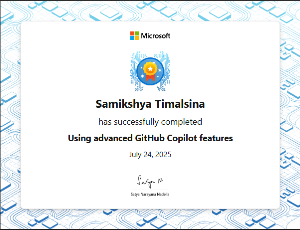 samikshya_01's tweet photo. #LSPPDay54
I earned my "Using advanced GitHub Copilot features" badge! Exploring features like Copilot Chat, code suggestions, and inline completions has been a game-changer.
https://t.co/LM3tpozGow #MSLearnBadge
#60DaysOfLearning2025 
#LearningWithLeapfrog
@lftechnology https://t.co/iFTrHcqM5k