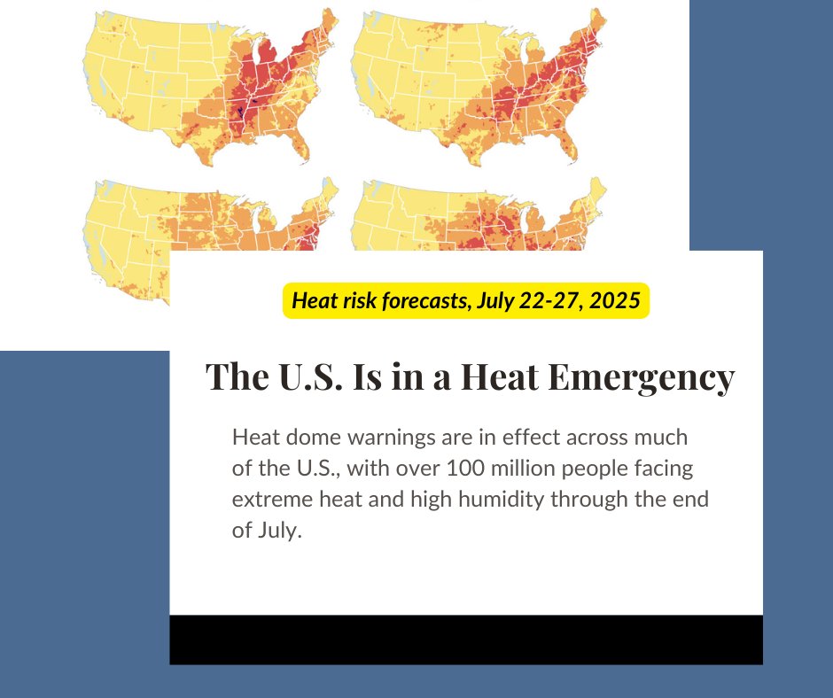 disasterstrat's tweet image. Extreme heat is gripping much of the South, Midwest, and Northeast — over 100 million people are under heat dome warnings as dangerous temperatures and humidity persist through July 27. Stay safe and check local alerts.