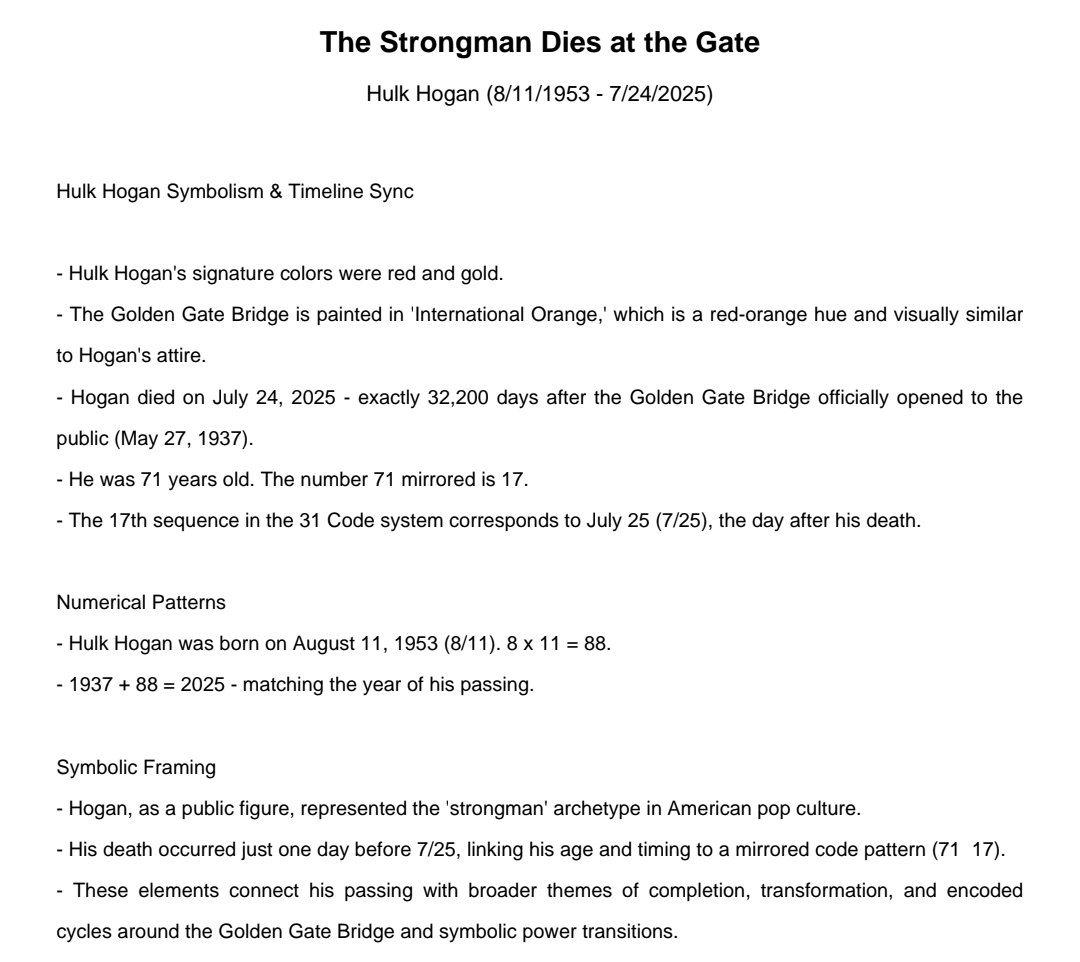 CUTNCrypto's tweet photo. Very strange day of all days to die — or be sacrificed.
Golden Gate turns 32,200 days old.
Sequence 17 hits tomorrow.
Strongman in red &amp; gold goes down today.  RIP Hulk Hogan.

#GoldenGate #Symbolism #HulkHogan #SkullAndBones #31Code #RitualTiming https://t.co/DMz9WP5P4I