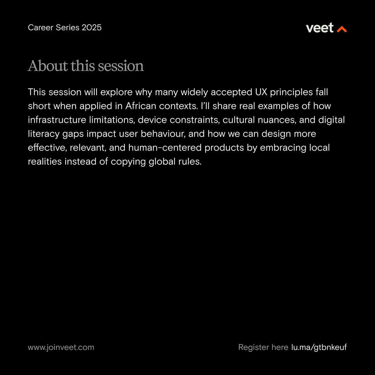 joinveet's tweet image. ⏰ 1 Day to Go!
Join us tomorrow for a bold convo with Foluso on: “When UX Rules Don’t Work: Designing for African Realities”
🗓 July 25 | 🕖 7 PM WAT
📍 X Spaces
🔗
Designers, builders, dreamers — this one’s for you.
#VeetCareers #DesignForAfrica