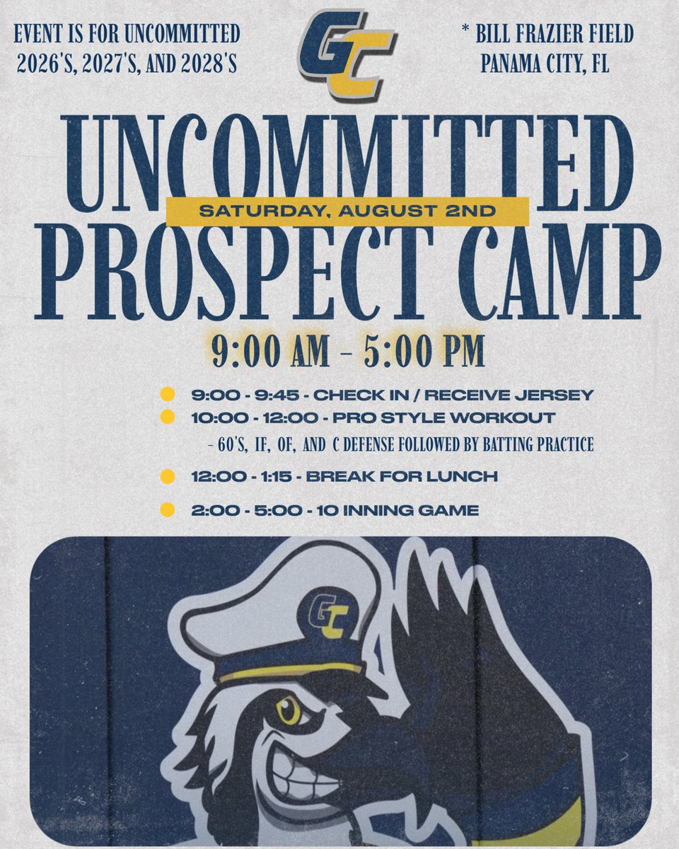 Gulf Coast Baseball (@gcscbaseball) on Twitter photo If you’ve received an invite to our uncommitted prospect camp on Saturday Aug 2nd and plan to attend please try to get signed up as soon as possible for planning purposes. If you have not received an invite but are interested please DM <a href="/BlakeNorred3/">Blake Norred</a> or <a href="/borges_tyler/">tyler borges</a> If you’ve received an invite to our uncommitted prospect camp on Saturday Aug 2nd and plan to attend please try to get signed up as soon as possible for planning purposes. If you have not received an invite but are interested please DM <a href="/BlakeNorred3/">Blake Norred</a> or <a href="/borges_tyler/">tyler borges</a>