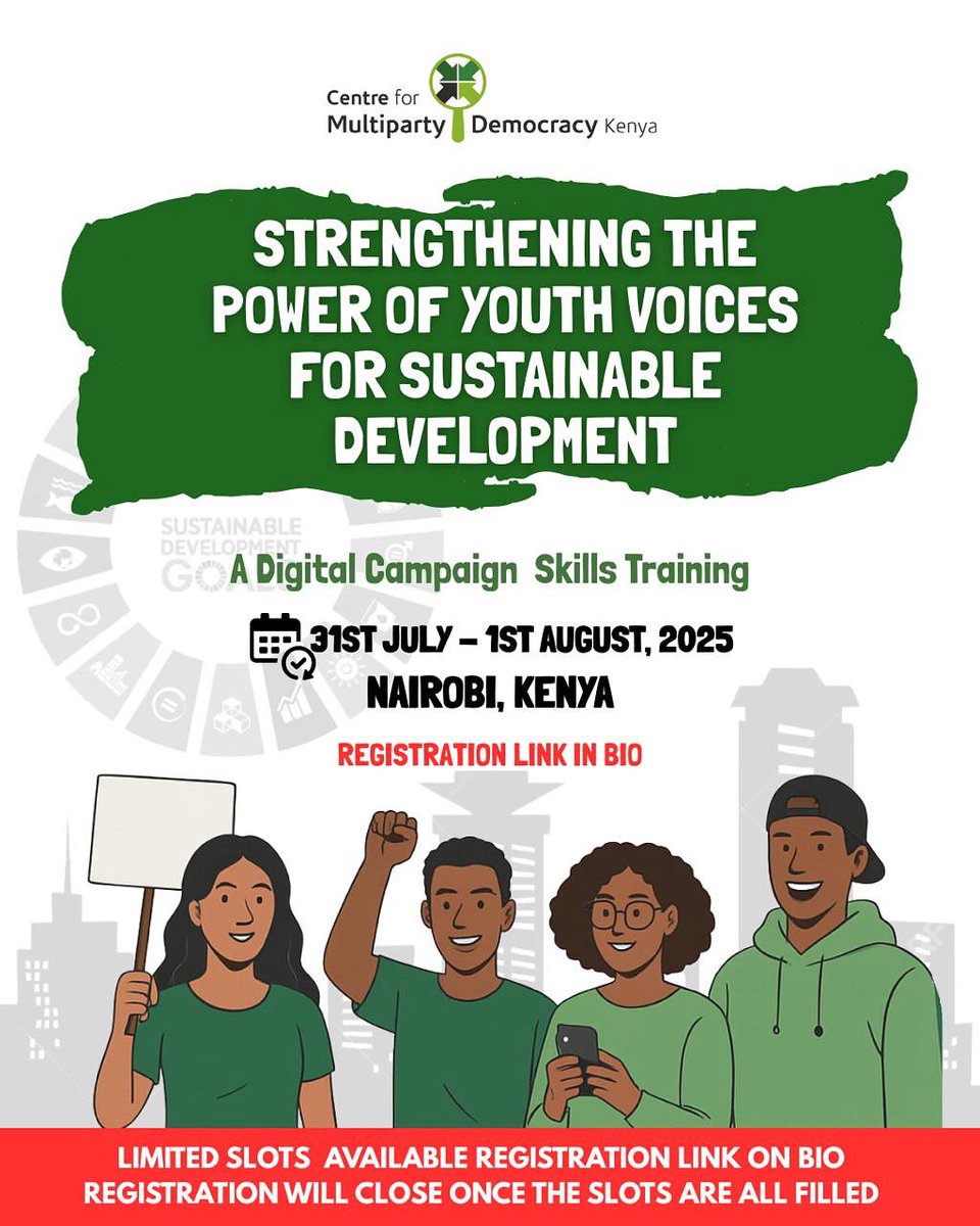 📣 CMD-Kenya is excited to invite young SDG champions based in Nairobi County to a two-day, non-residential training on digital advocacy and campaign strategy, happening on 31st July and 1st August 2025. This training is part of our ongoing effort to strengthen the power of youth