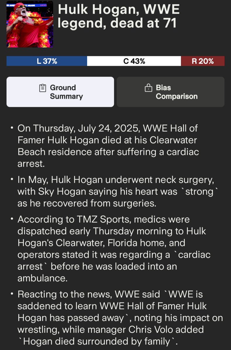 MMward9's tweet image. A part of my childhood just died.
WWE legend Hulk Hogan has passed away at 71. Paramedics responded to a cardiac arrest at his Clearwater, FL home on July 24, 2025.
WWE confirms: "Saddened to learn WWE Hall of Famer Hulk Hogan has passed away... extends its condolences to…