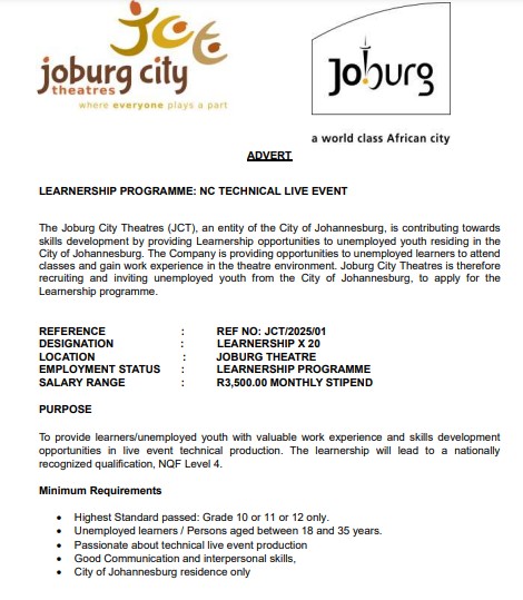 DeeJobplug's tweet image. Joburg City Theatres (JCT) Learnership – NC Technical Live Event

Location: Johannesburg, South Africa
Employment Status: Learnership Programme
Monthly Stipend: R3,500.00

Minimum Requirements:

Highest Standard passed: Grade 10 or 11 or 12 only.
Unemployed learners / Persons…